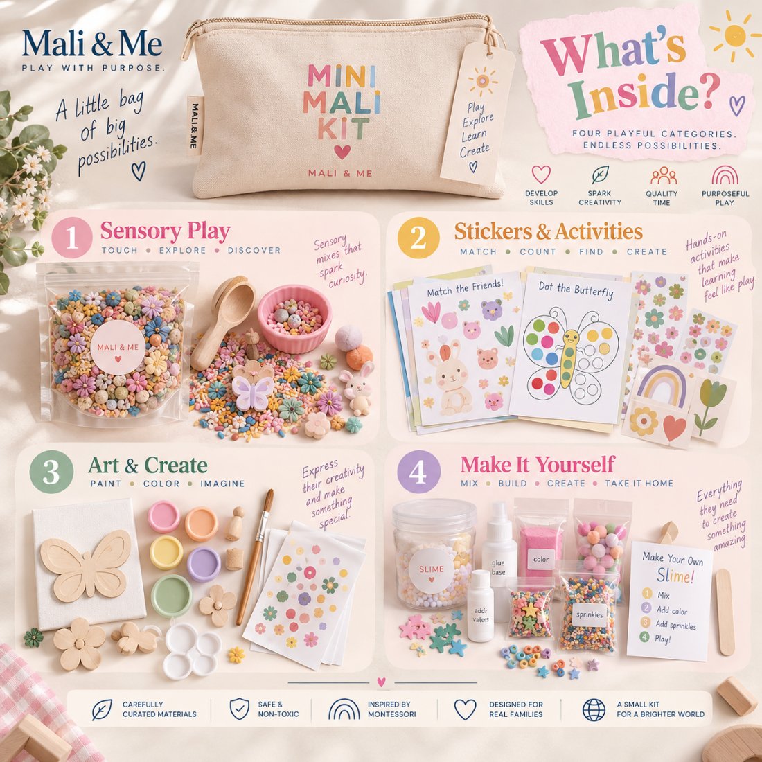 Four playful categories inside the Mini Mali Kit