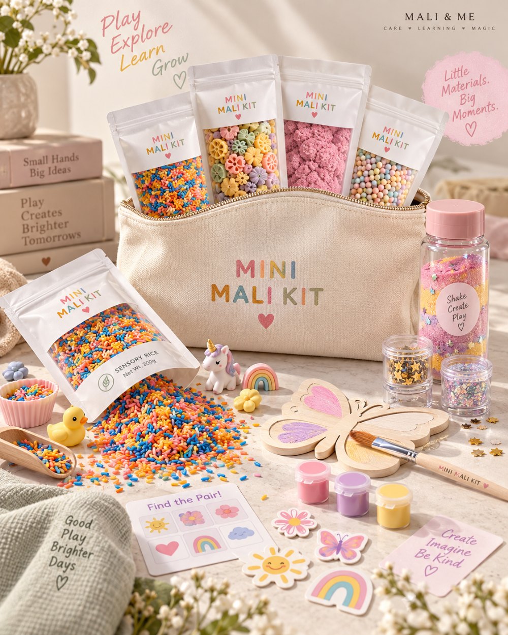 Mini Mali Kit with sensory pouches, paints and activities