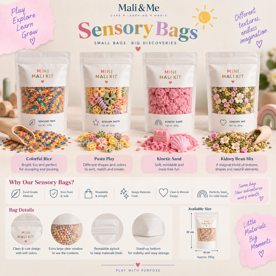 Sensory bags: colorful rice, pasta play, kinetic sand and kidney bean mix